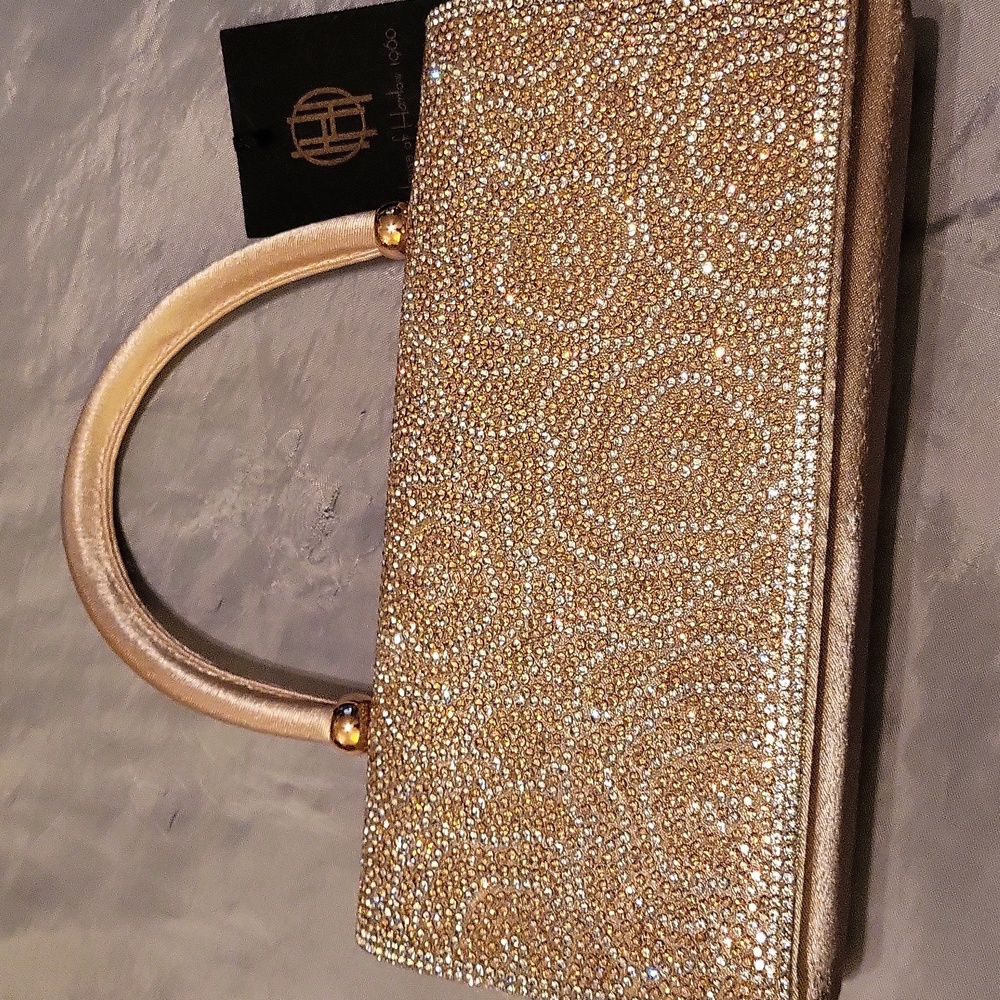 House Of Harlow 1960 Champagne Floral Rose Elegant Gold Evening Clutch W Chain